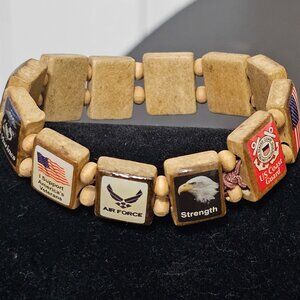 American Veteran Bracelet Military Armed Forces Wooden 12 Tiles Stretch Unisex